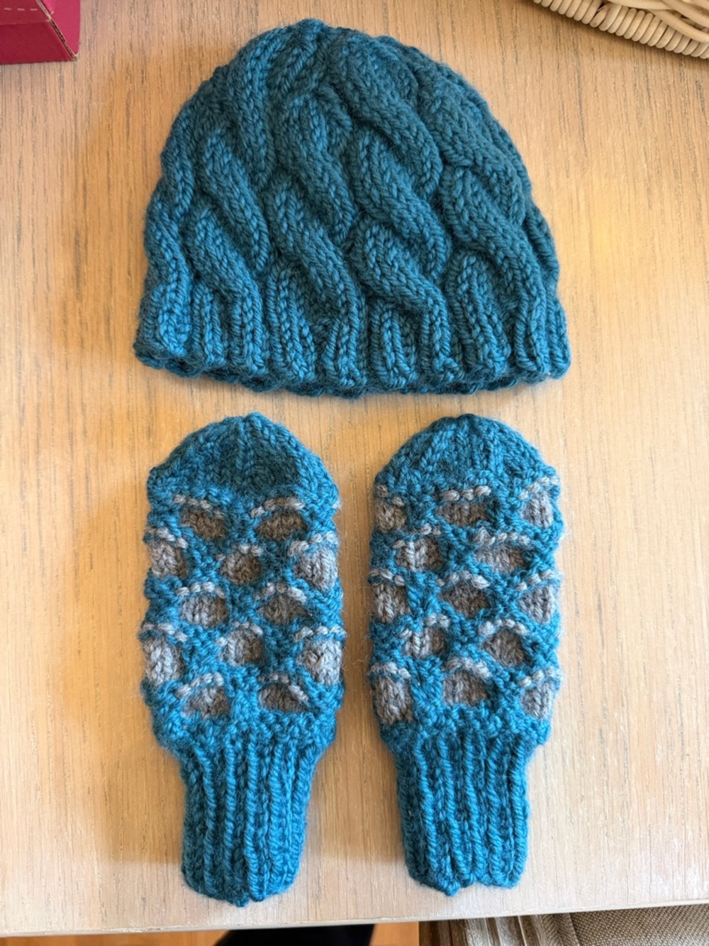 Chunky Teal Hand Knit Cable Beanie Hat with Matching Mittens for Baby